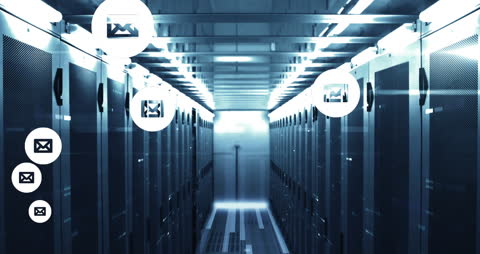 Futuristic Data Center with Email Icons Overlay