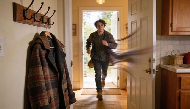 Teenager running through front door passing plaid coat home entry motion blur morning