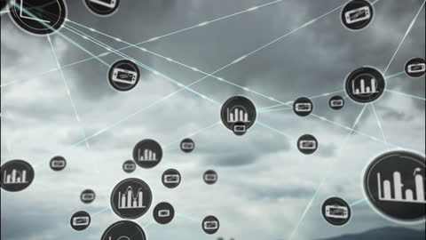 Network of Digital Icons in Cloudy Sky Imagery