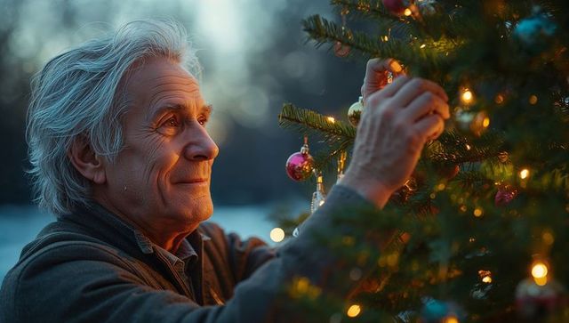Senior Man Decorating Tree in Tranquil Winter Wonderland