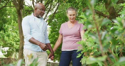 Joyful Senior Couple Gardening Outdoors in Sunny Day