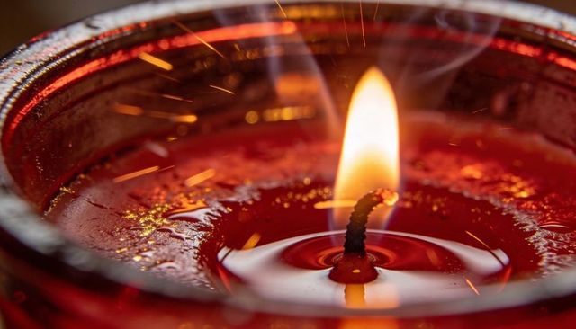 Molten red votive candle burning with flickering flame and charred wick macro close-up
