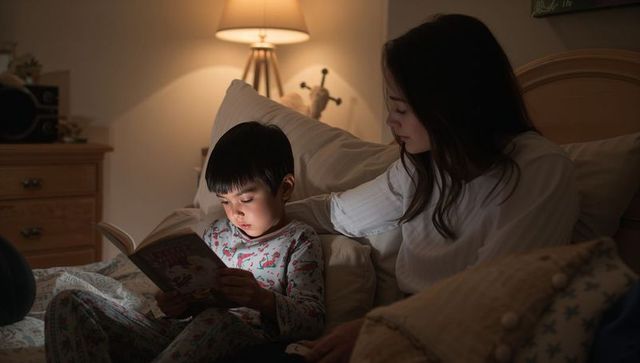 Child reading bedtime story with caregiver on cozy lamp-lit bed during nighttime routine