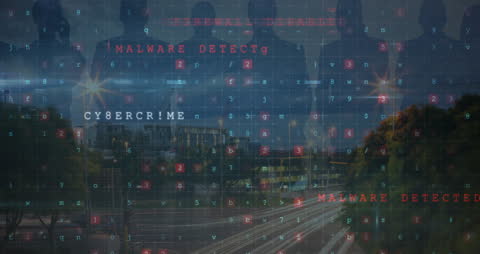 Digital Cyberattack Scene with City Skyline and Code Graphics