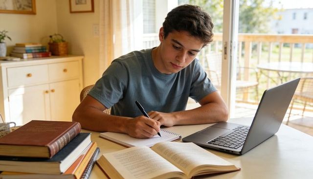 Teenage student studying at home with laptop and textbooks, writing notes and focusing