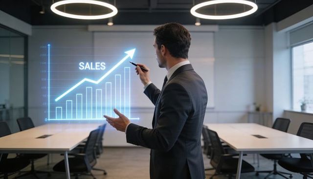 Executive presenting holographic sales growth chart in modern boardroom