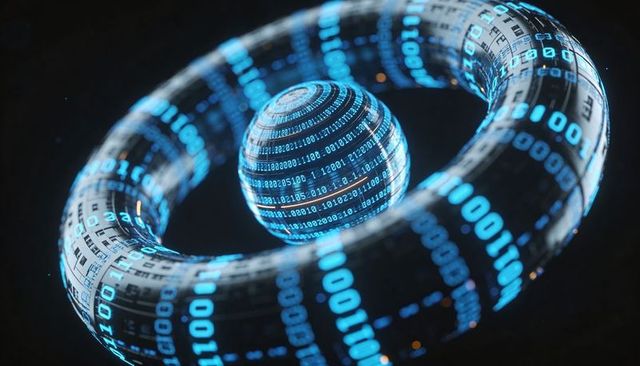 Holographic binary torus encircling luminous data sphere futuristic digital core