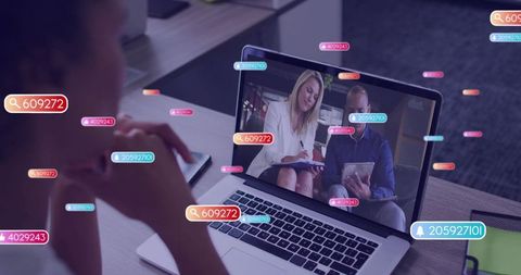 Remote team collaborating in virtual meeting with social media tags and analytics overlays