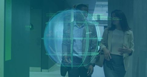 Business professionals walking and discussing with holographic globe HUD overlay