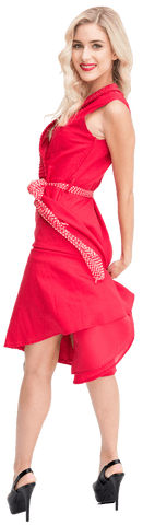 Elegant Caucasian Woman in Vibrant Red Dress on Transparent Background