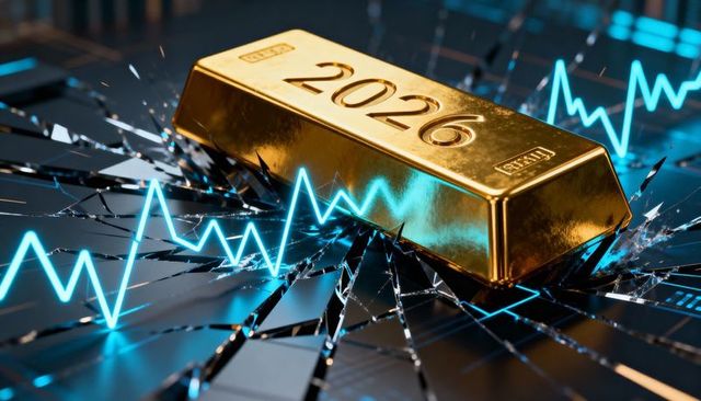Gold bar 2026 crashing into shattered mirror with cyan neon waveform signaling volatility