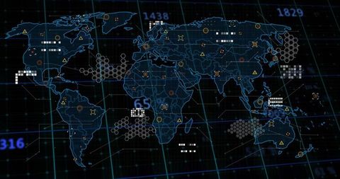 Futuristic Holographic World Map Displaying Global Data Clusters, Hex Grids and Analytics