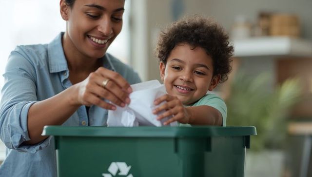Mother teaching child recycling at home smiling while placing paper into green bin