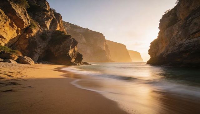 Golden-hour coastal cove with sunlit cliffs and reflective wet sand, waves lapping shore