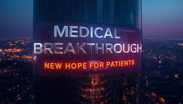 Urban skyscraper with futuristic medical breakthrough display at dusk