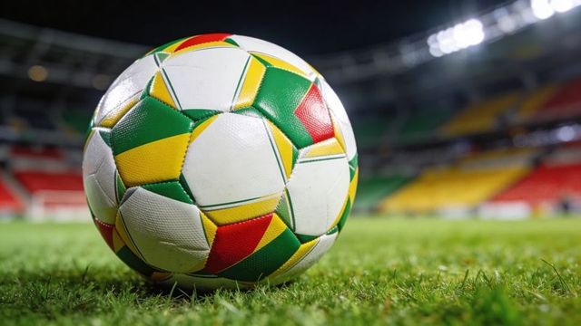 Vibrant soccer ball with green yellow red panels resting on stadium turf under floodlights