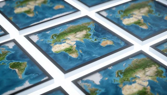 Displaying topographic world map panels on white grid with ocean tiles and dark bezels