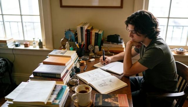 Young man sketching at sunlit wooden desk surrounded by books, coffee, sketchbook and globe