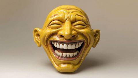 Glazed yellow ceramic laughing mask with exaggerated smile and glossy porcelain finish