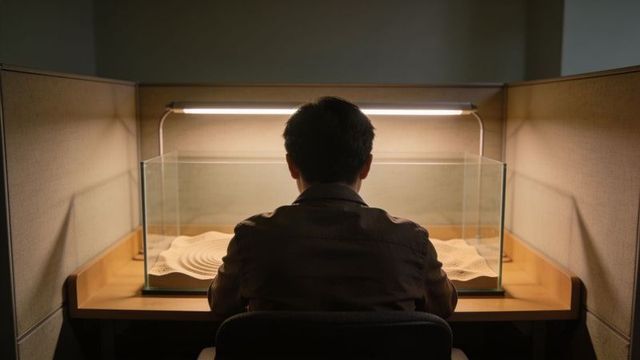 Solitary office worker sitting in cubicle meditating with raked sand zen garden under lamp