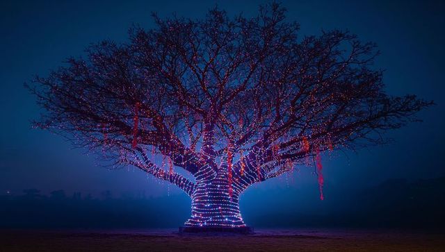 Mystical Tree Illuminated with Colorful LED Lights at Night
