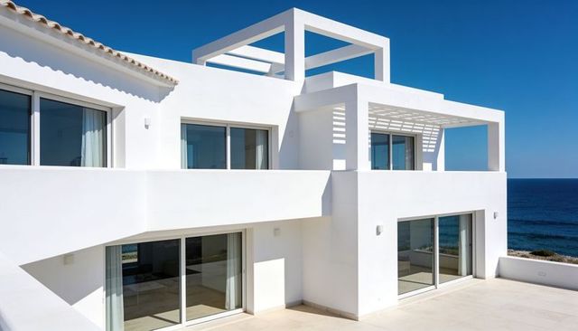 Showcasing white coastal villa with sliding glass doors, pergola shadows and ocean view