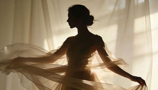 Backlit ballerina twirling translucent gown silhouette conveying graceful movement