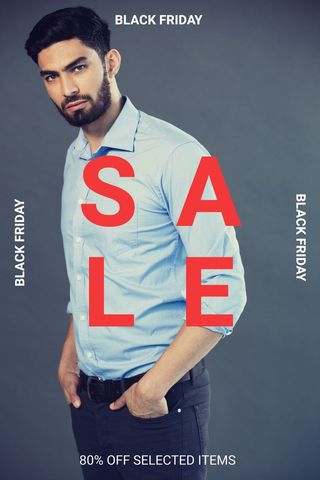Confident man highlighting black friday sale discounts
