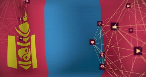 Mongolian flag featuring soyombo emblem and digital network overlay on tricolor banner