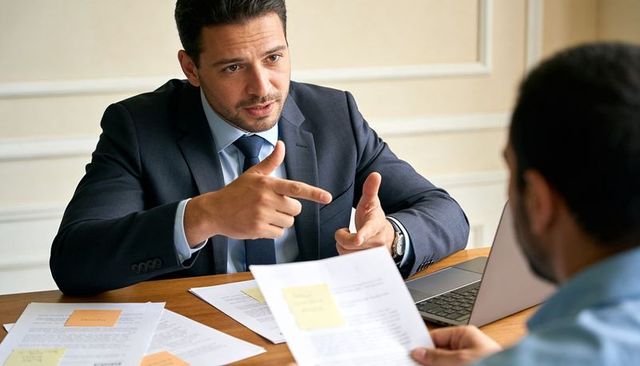 Businessman pointing during contract negotiation at meeting table
