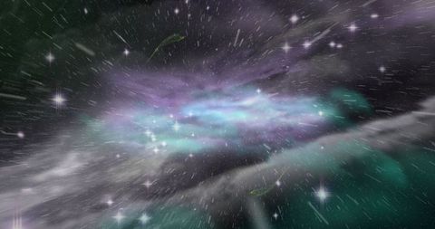 Luminous purple teal nebula stretching through deep space with stars and hyperspeed streaks