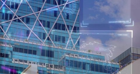 Blue Glass High-Rise Facade with White Diagonal Bracing and Futuristic HUD Overlay