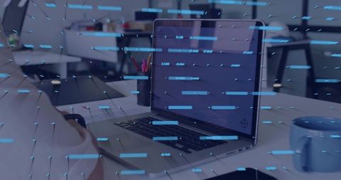 Pov digital code visualization near office laptop desk