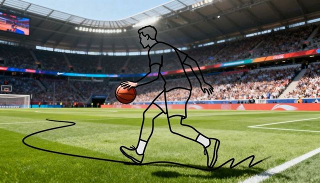 Dynamic lineart dribbling athlete running across stadium orange basketball black trail