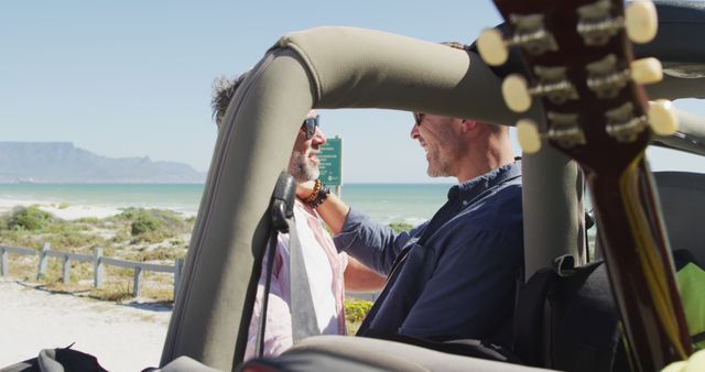 Friends Enjoying Beach Road Trip with Open Jeep and Guitar - Download Free Stock Images Pikwizard.com