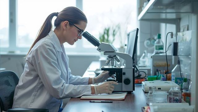Female Scientist Examining Sample Through Microscope in Bright Laboratory