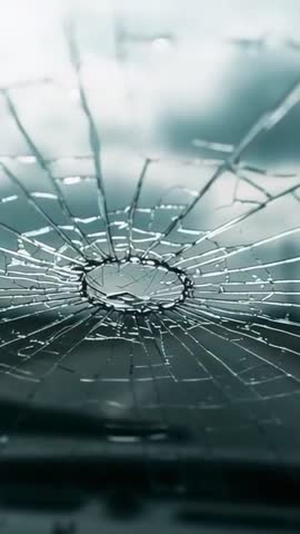 Vertical video of cracked windshield with circular impact and radial spiderweb fracture