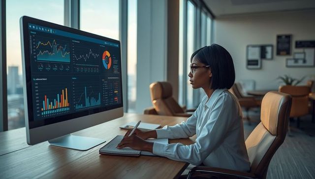 Focused Businesswoman Analyzing Data on Modern Computer Display