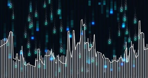 Futuristic data analytics dashboard showing neon binary rain over bar and line chart