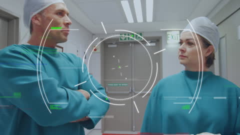 Medical Team Analyzing Data in High-Tech Hospital Corridor