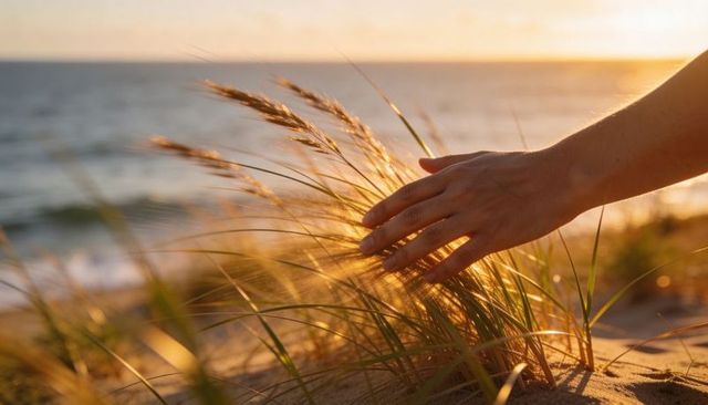 Sunlit hand touching dune grass on coastal sand at golden hour