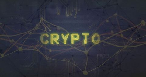 Pixelated Crypto Text on Futuristic Digital Circuit Background
