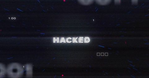 Hacked glitch on dark digital screen with scanlines, neon cybersecurity breach ui elements
