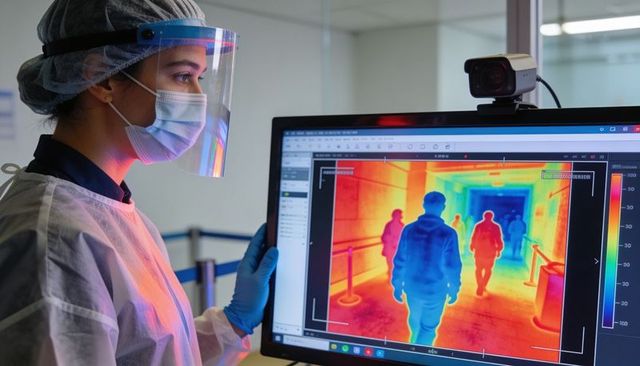 Female healthcare worker monitoring thermal screening display in ppe at checkpoint