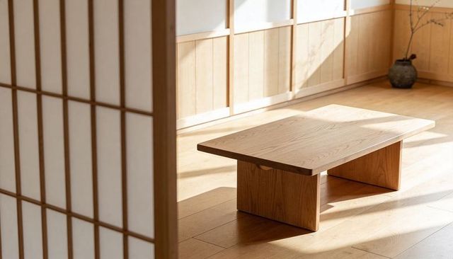 Minimal zen japanese low wooden table in sunlit tatami room with shoji screen and vase