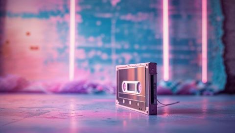 Retro Audio Cassette Reflecting Neon in Industrial Loft
