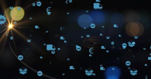 Glowing logistics network with floating commerce icons, currency symbols and lens flare