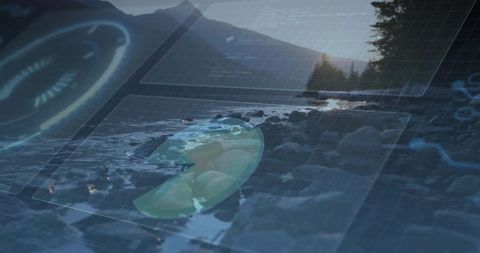 Serene Rocky Lake Shore with Futuristic Digital Holograms