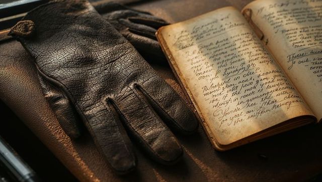 Worn dark leather glove resting beside aged inked journal featuring handwritten cursive