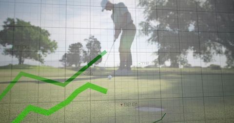 Golfer Analyzing Shot with Data Overlay on Course